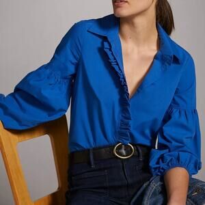 Anthropologie Maeve Ruffled Poplin Buttondown Shirt Blue Size Small